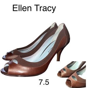 Ellen Tracy Bertha Peep Toe Heels Shoes Women's Size 7.5M Chocolate Brown in Box